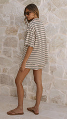 Tali Button Up Shirt and Shorts Set - Beige/Green Stripe