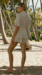 Lacole Button Up Shirt and Shorts Set - Beige / Green Stripe