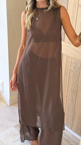 Zaire Long Line Sheer Top and Pants Set - Chocolate