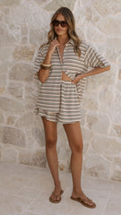 Tali Button Up Shirt and Shorts Set - Beige/Green Stripe
