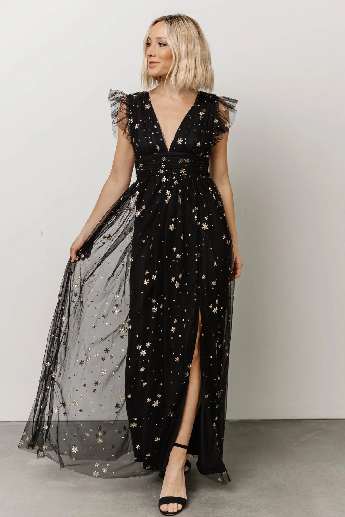 Nova Shimmer Maxi Dress | Black + Gold