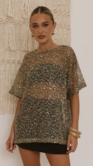 Zinnia Oversized Sequins Tee - Khaki