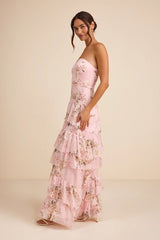 Niyati Blush Floral Strapless Tiered Maxi Dress