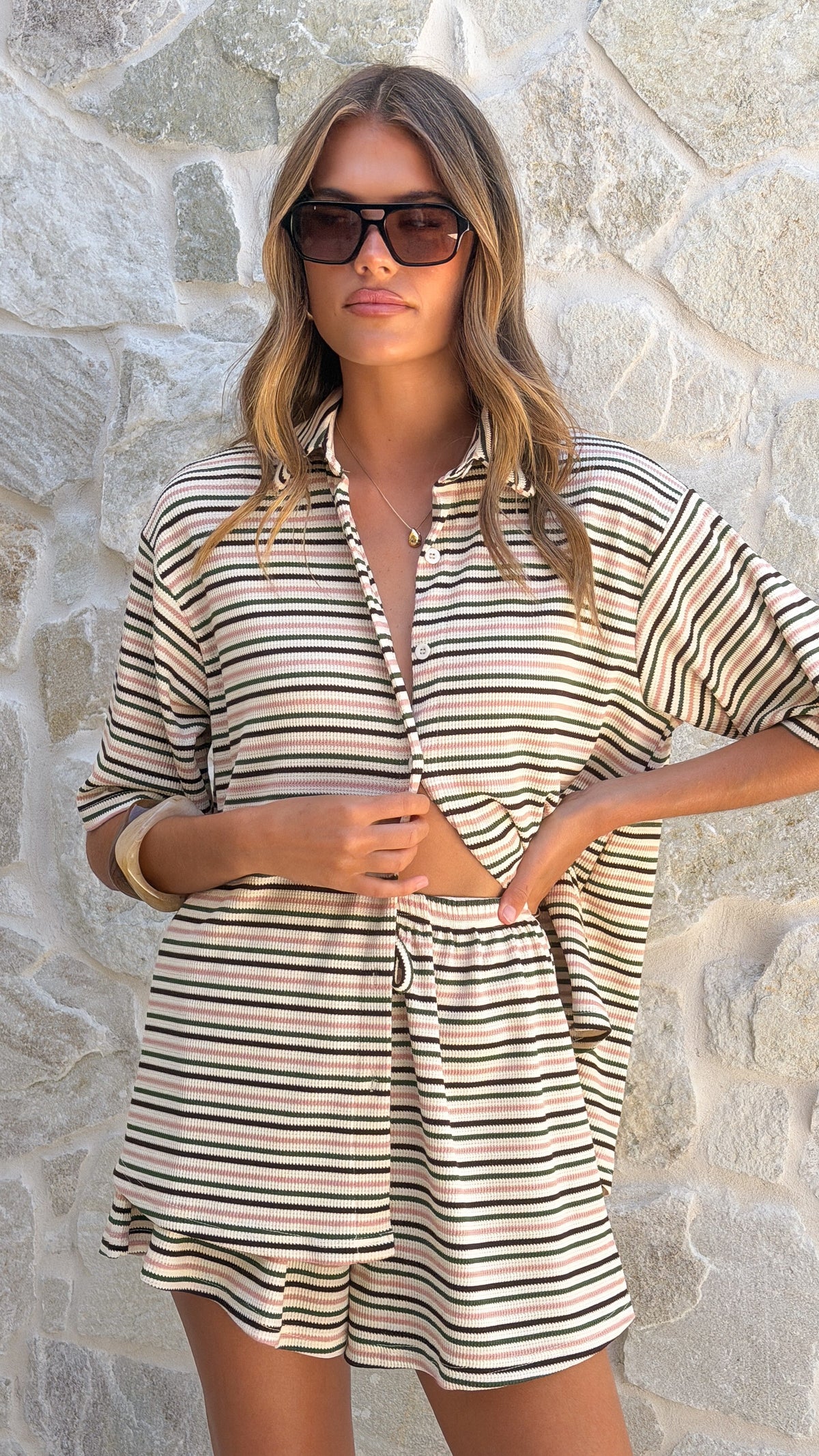 Tali Button Up Shirt and Shorts Set - Beige/Green Stripe