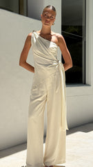 Leela One Shoulder Top and Pants Set - Beige