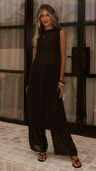 Zaire Long Line Sheer Top and Pants Set - Black