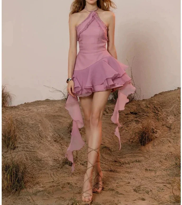 Halter Fringe Hem Mini Dress